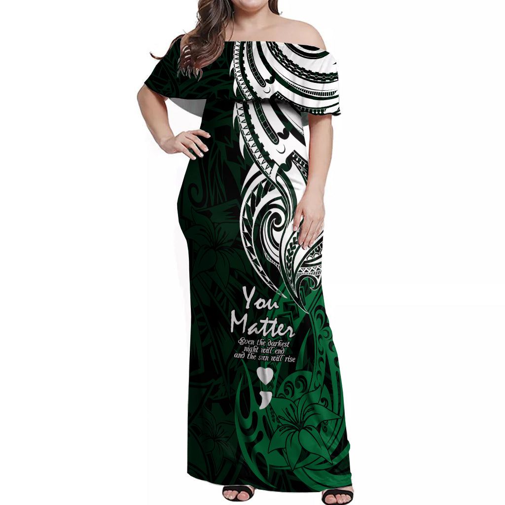 Your Matter Suicide Prevention Off Shoulder Maxi Dress Green Polynesian Tribal LT9 Women Green - Polynesian Pride