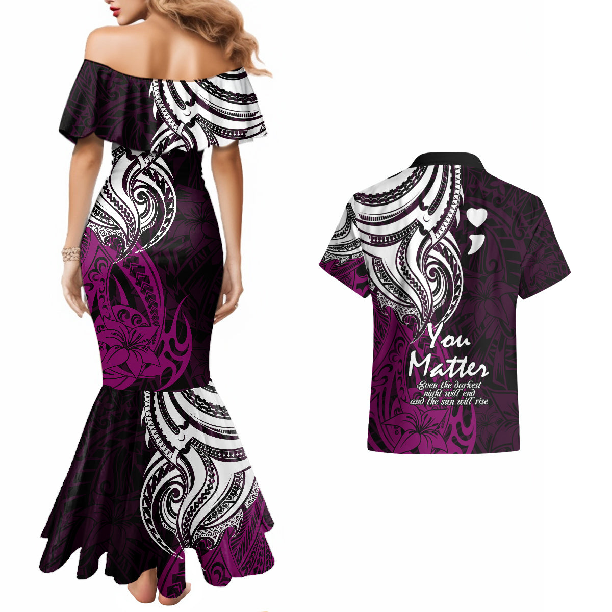 Your Matter Suicide Prevention Couples Matching Mermaid Dress and Hawaiian Shirt Pink Polynesian Tribal LT9 - Polynesian Pride