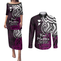 Your Matter Suicide Prevention Couples Matching Puletasi Dress and Long Sleeve Button Shirts Pink Polynesian Tribal LT9 Pink - Polynesian Pride
