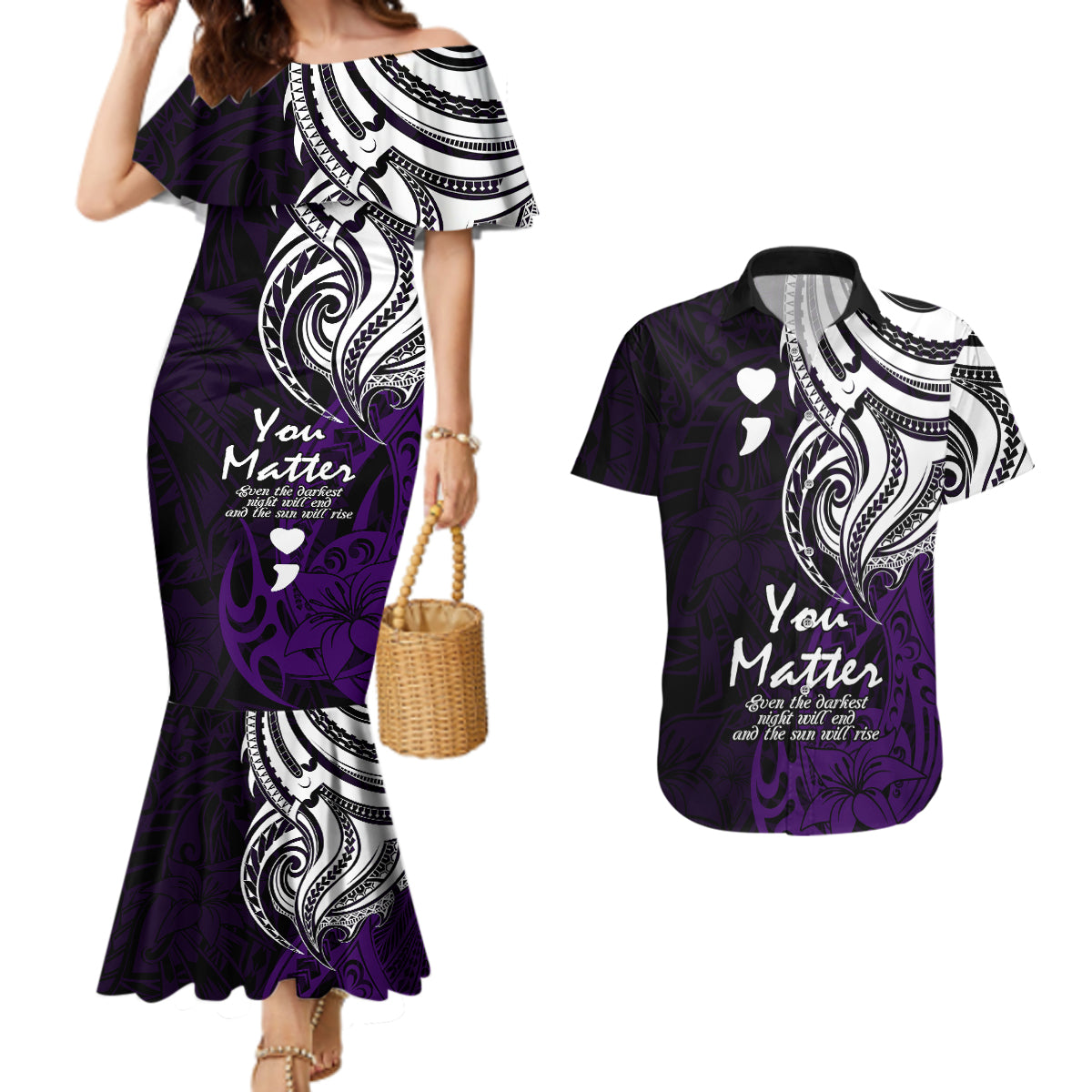 Your Matter Suicide Prevention Couples Matching Mermaid Dress and Hawaiian Shirt Purple Polynesian Tribal LT9 Purple - Polynesian Pride