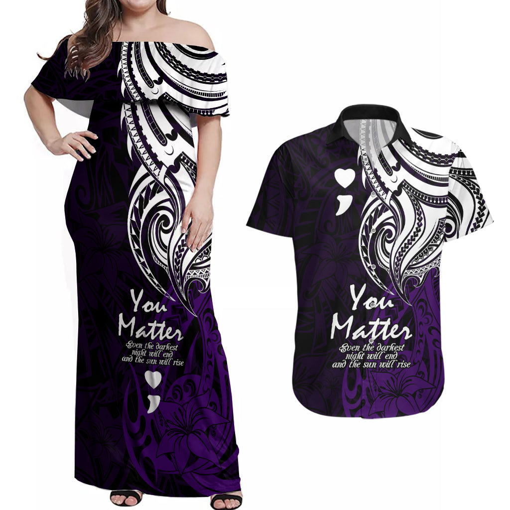 Your Matter Suicide Prevention Couples Matching Off Shoulder Maxi Dress and Hawaiian Shirt Purple Polynesian Tribal LT9 Purple - Polynesian Pride