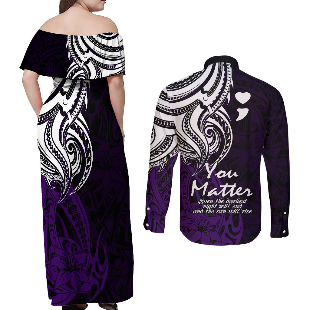 Your Matter Suicide Prevention Couples Matching Off Shoulder Maxi Dress and Long Sleeve Button Shirts Purple Polynesian Tribal LT9 - Polynesian Pride