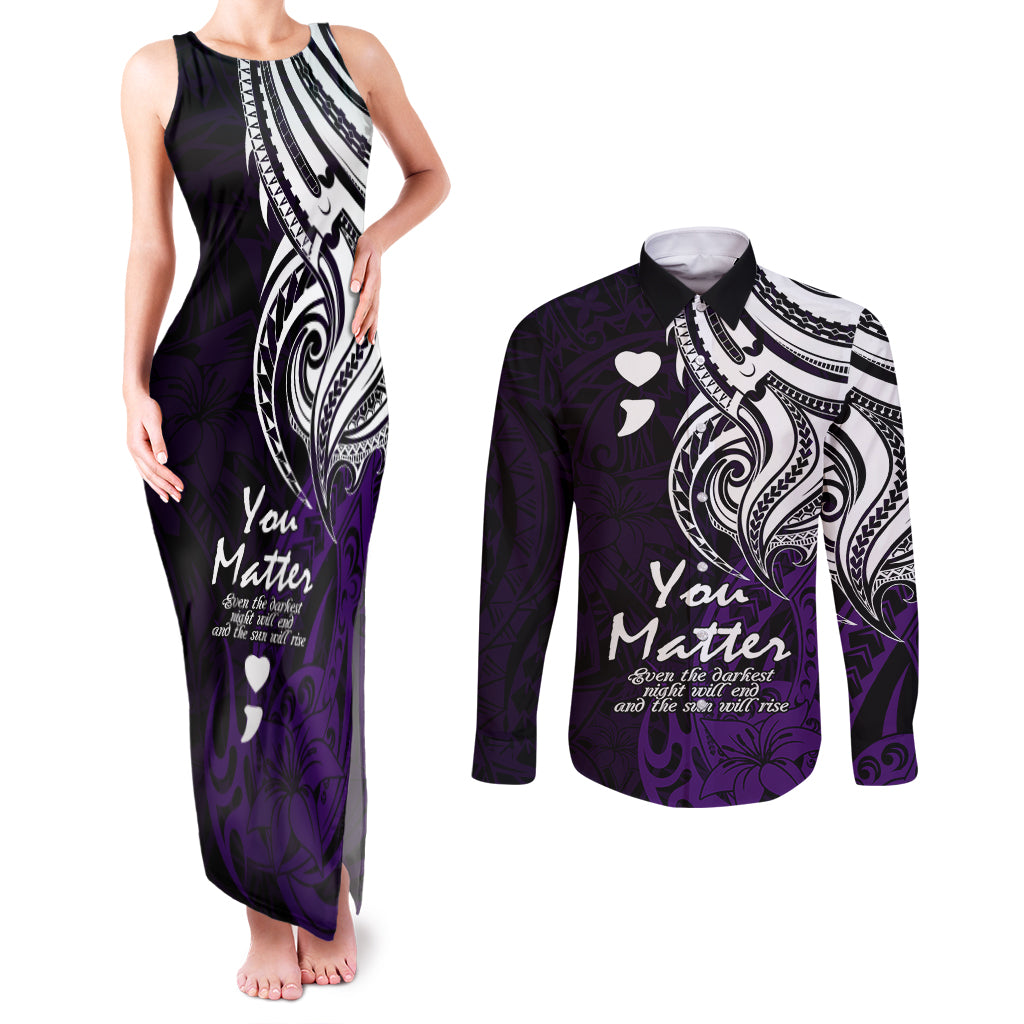 Your Matter Suicide Prevention Couples Matching Tank Maxi Dress and Long Sleeve Button Shirts Purple Polynesian Tribal LT9 Purple - Polynesian Pride