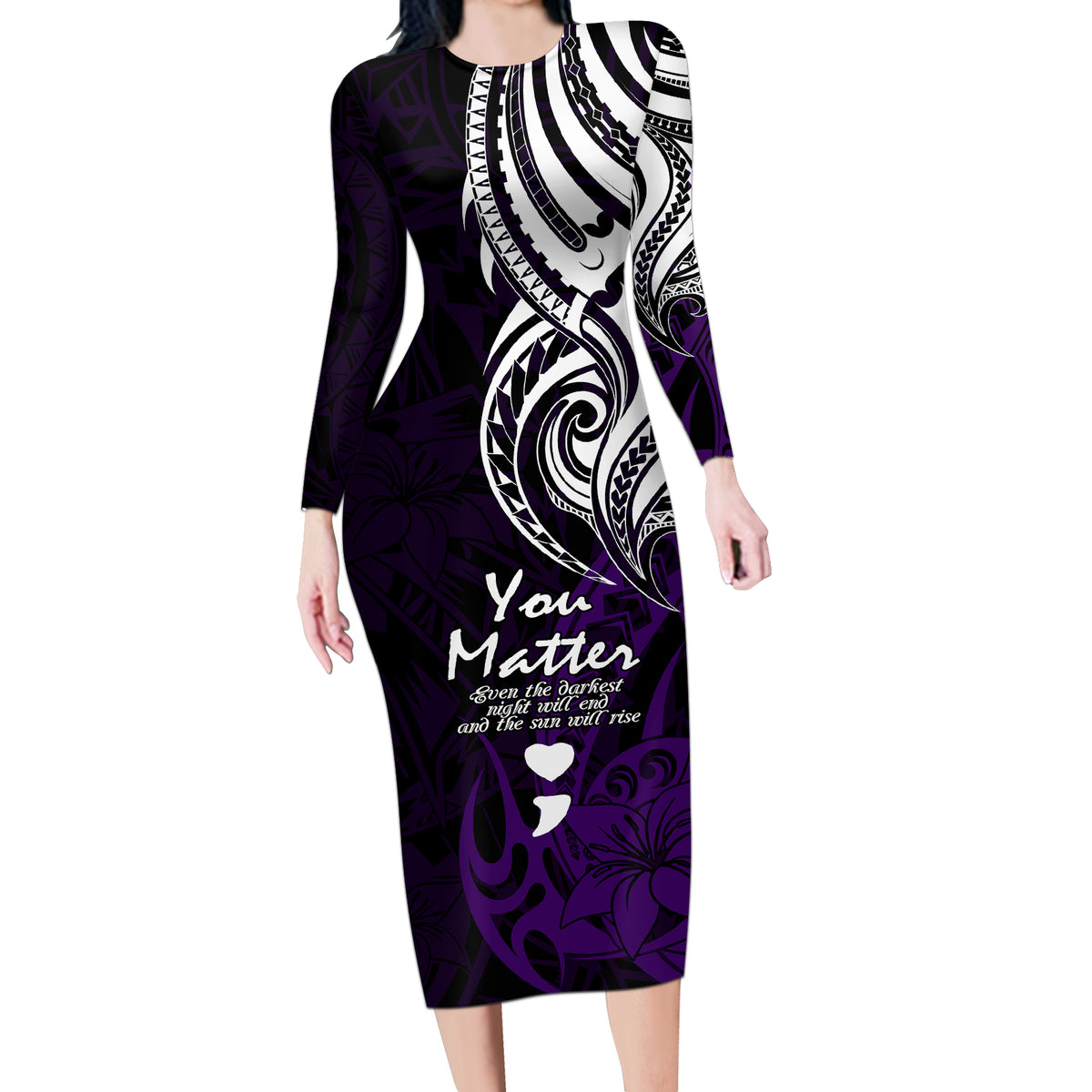 Your Matter Suicide Prevention Long Sleeve Bodycon Dress Purple Polynesian Tribal LT9 Long Dress Purple - Polynesian Pride