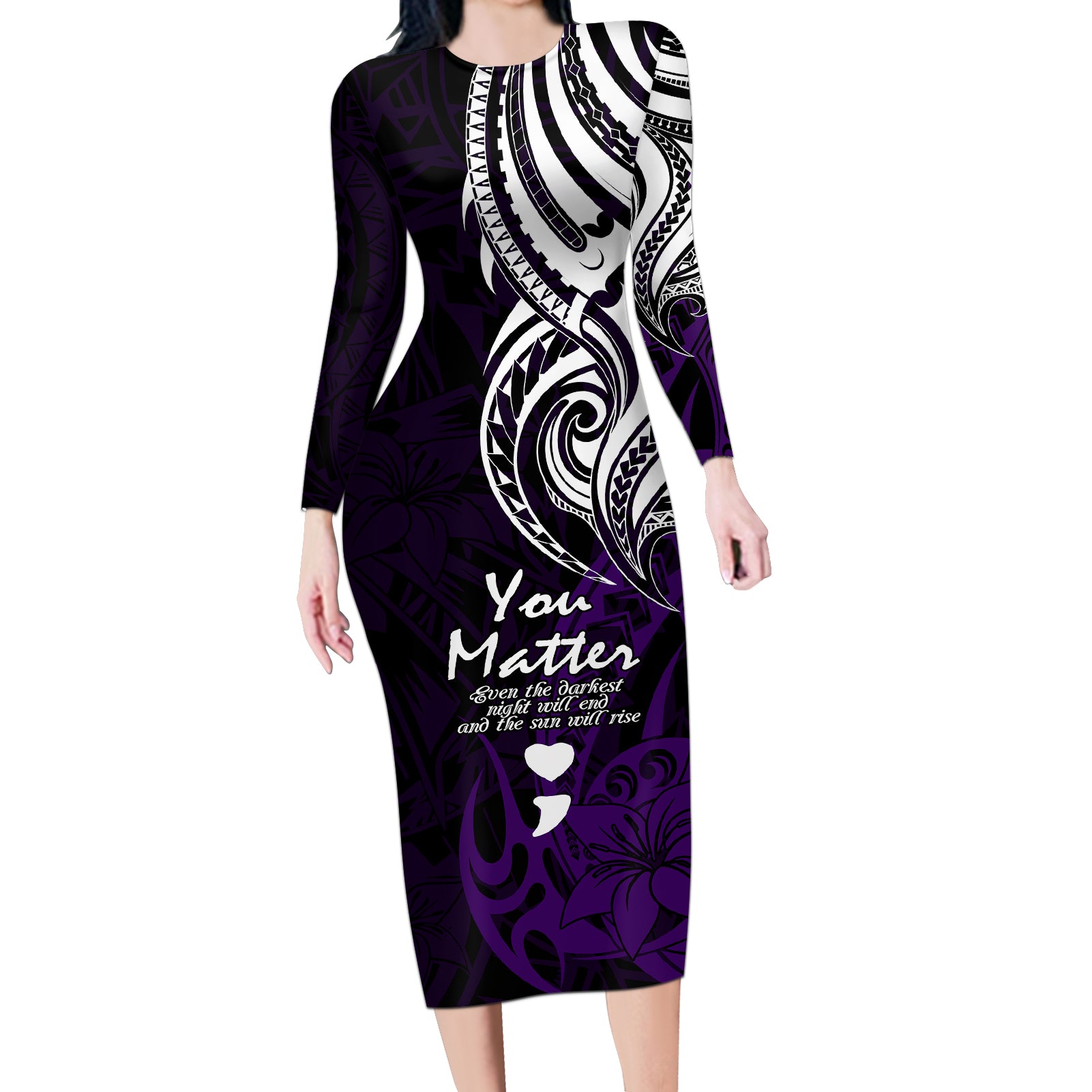 Your Matter Suicide Prevention Long Sleeve Bodycon Dress Purple Polynesian Tribal LT9 Long Dress Purple - Polynesian Pride