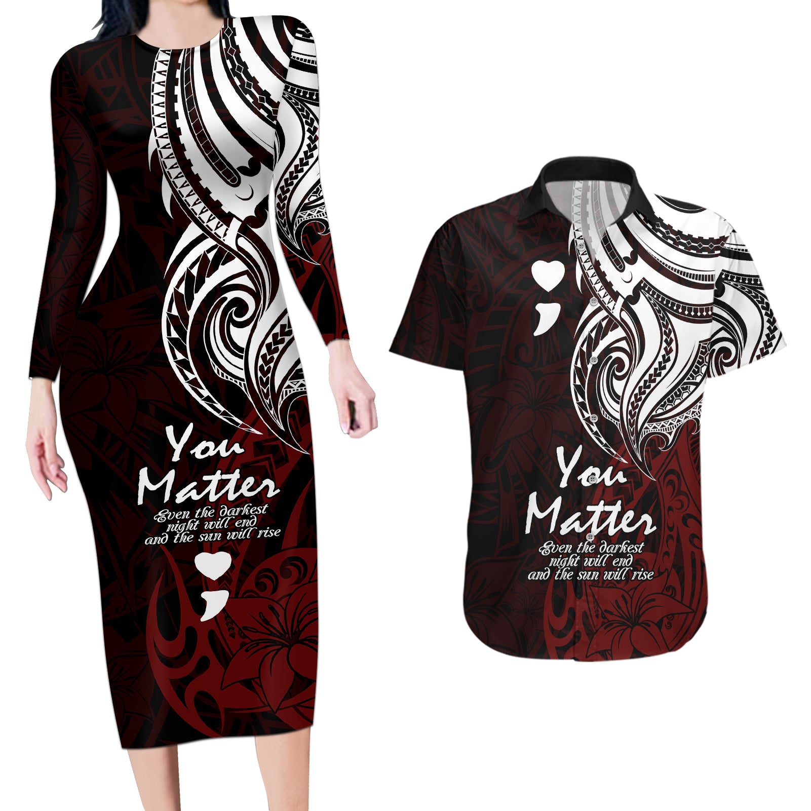 Your Matter Suicide Prevention Couples Matching Long Sleeve Bodycon Dress and Hawaiian Shirt Red Polynesian Tribal LT9 Red - Polynesian Pride