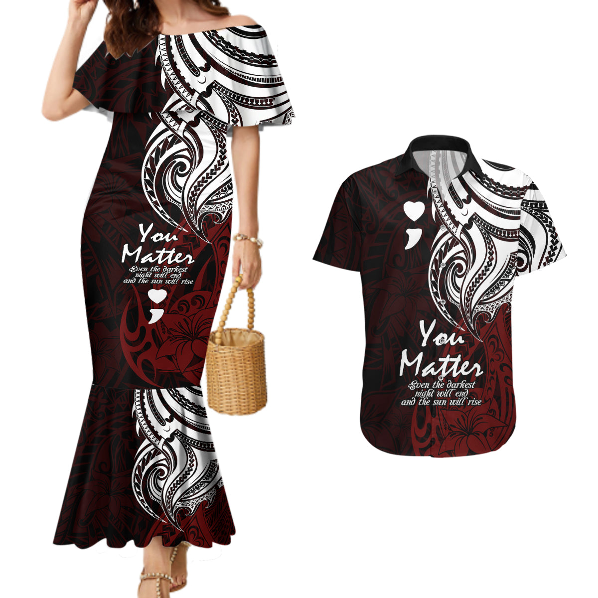 Your Matter Suicide Prevention Couples Matching Mermaid Dress and Hawaiian Shirt Red Polynesian Tribal LT9 Red - Polynesian Pride