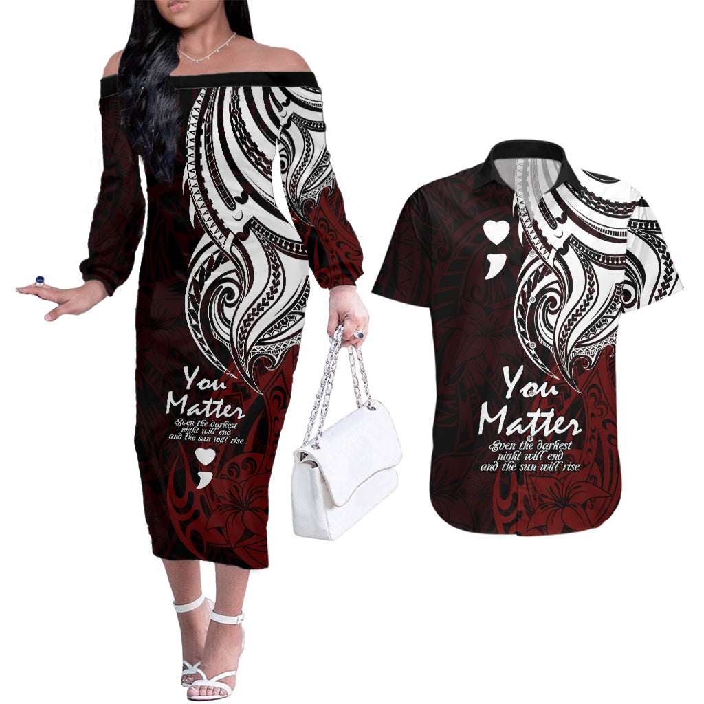 Your Matter Suicide Prevention Couples Matching Off The Shoulder Long Sleeve Dress and Hawaiian Shirt Red Polynesian Tribal LT9 Red - Polynesian Pride