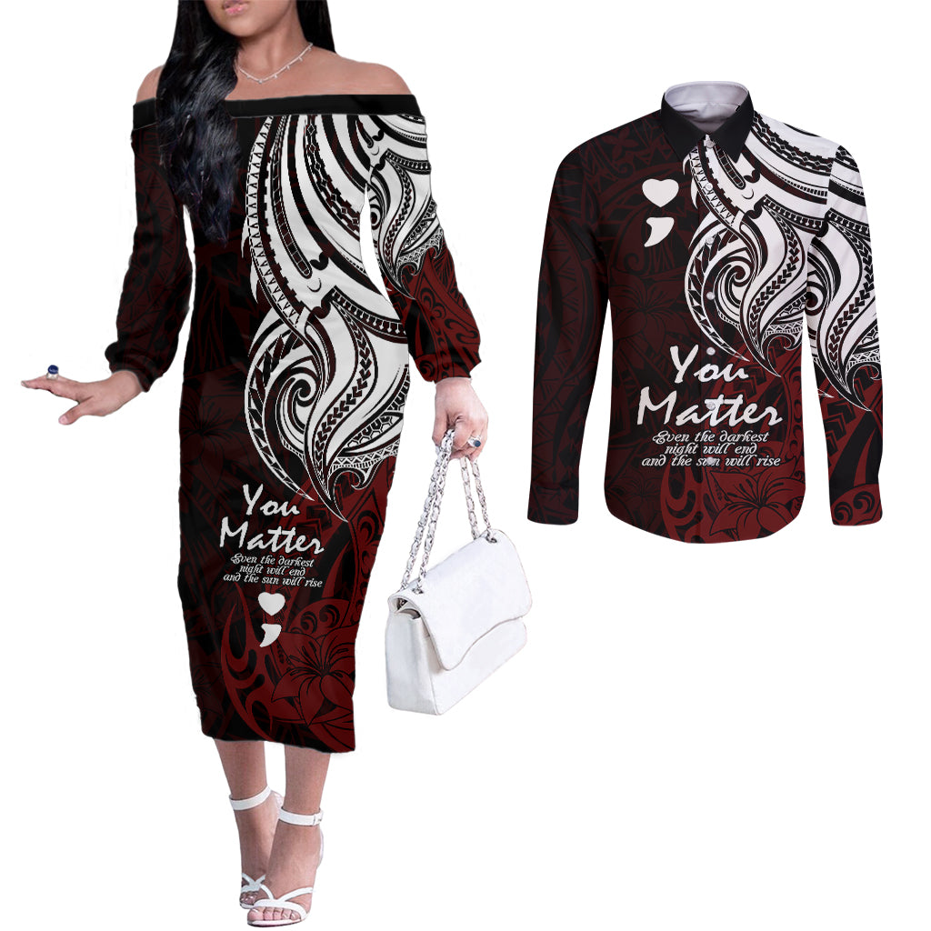 Your Matter Suicide Prevention Couples Matching Off The Shoulder Long Sleeve Dress and Long Sleeve Button Shirts Red Polynesian Tribal LT9 Red - Polynesian Pride