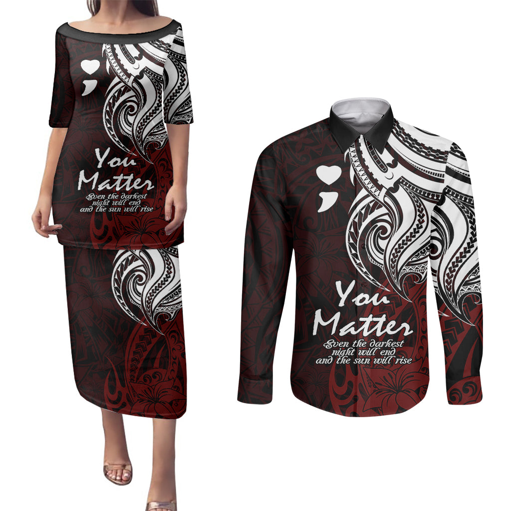 Your Matter Suicide Prevention Couples Matching Puletasi Dress and Long Sleeve Button Shirts Red Polynesian Tribal LT9 Red - Polynesian Pride