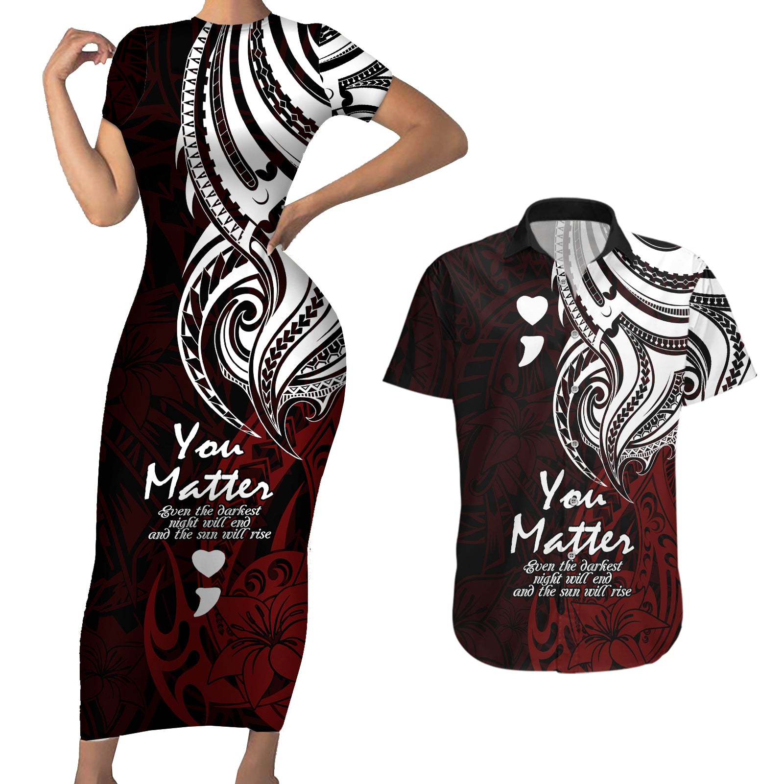 Your Matter Suicide Prevention Couples Matching Short Sleeve Bodycon Dress and Hawaiian Shirt Red Polynesian Tribal LT9 Red - Polynesian Pride