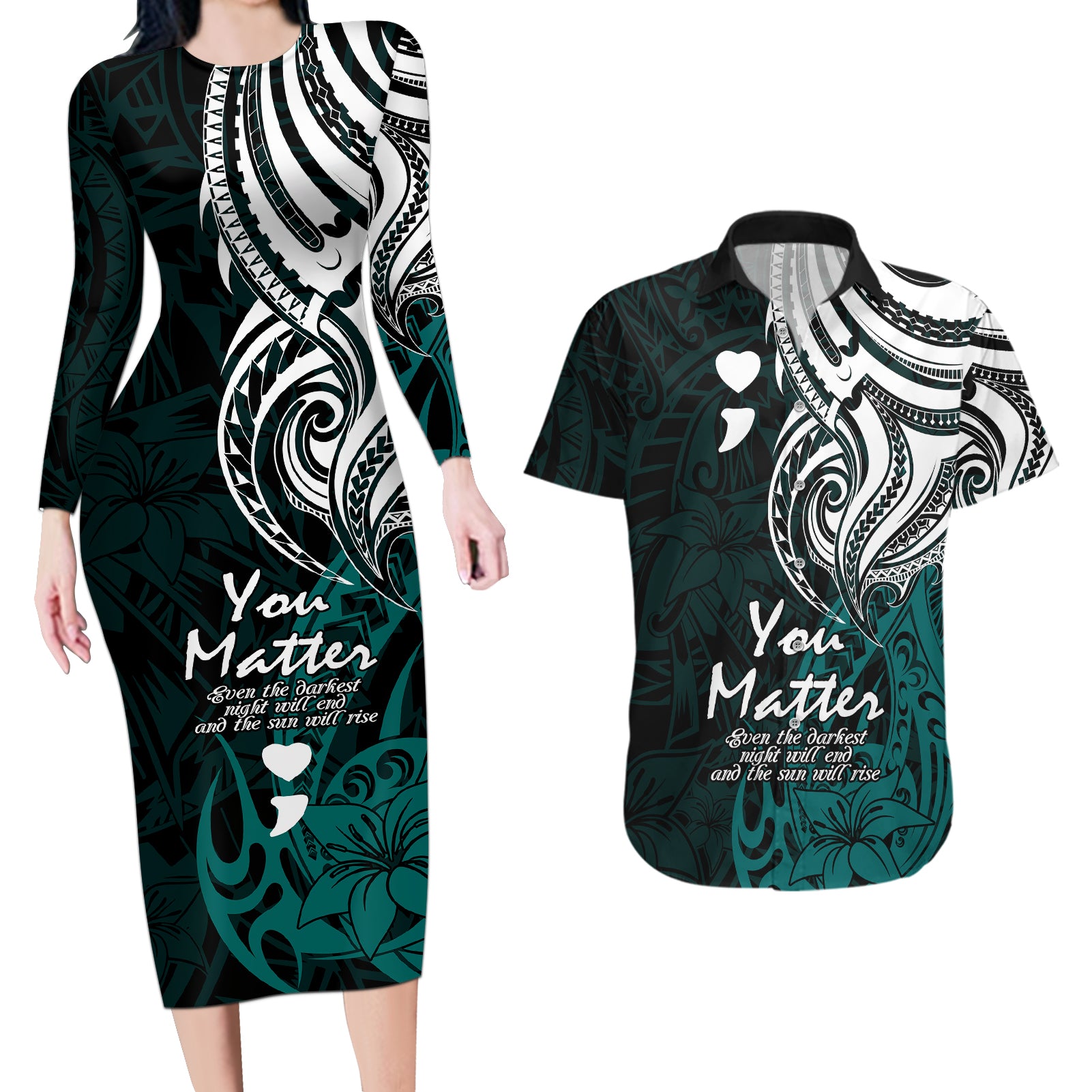 Your Matter Suicide Prevention Couples Matching Long Sleeve Bodycon Dress and Hawaiian Shirt Turqoise Polynesian Tribal LT9 Turquoise - Polynesian Pride