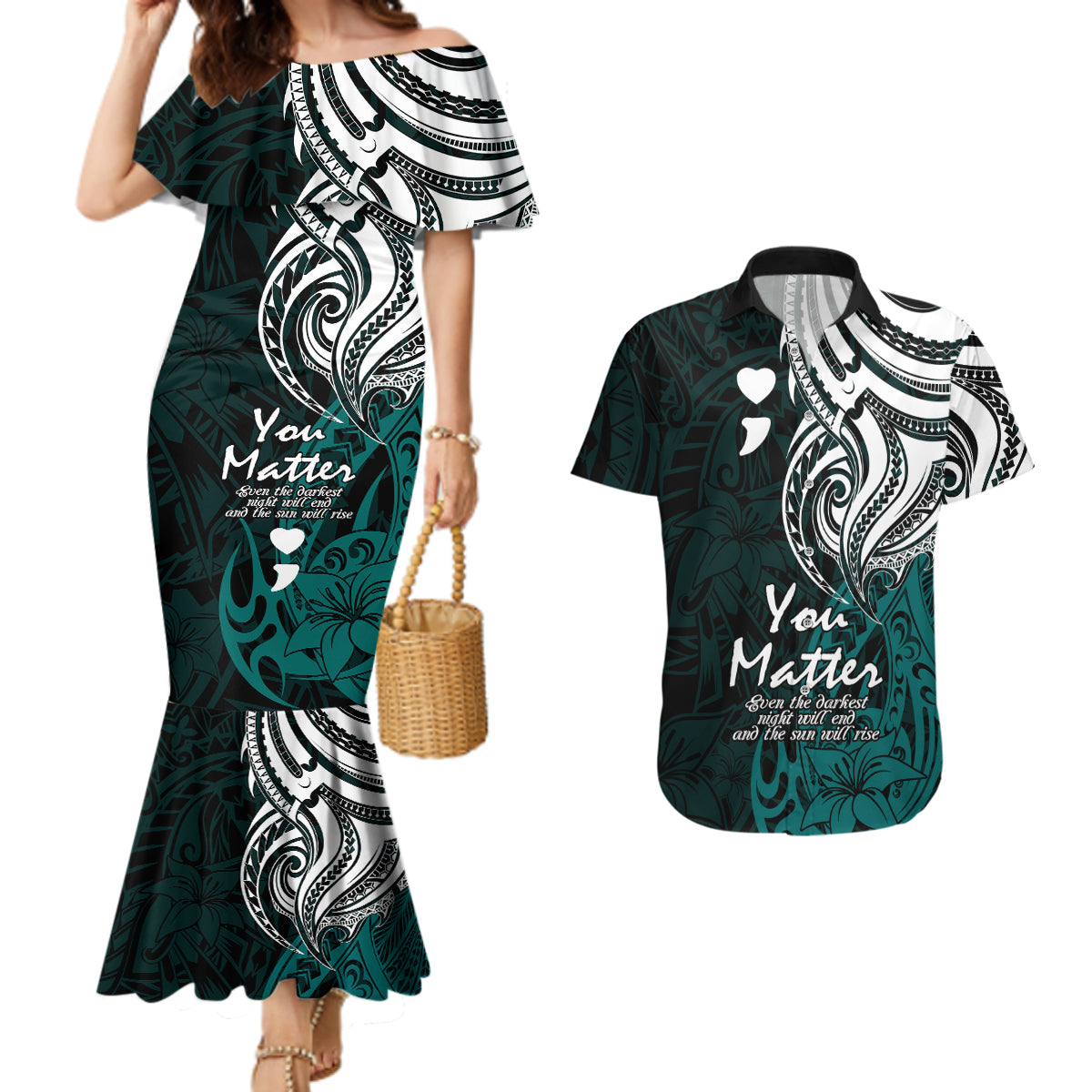 Your Matter Suicide Prevention Couples Matching Mermaid Dress and Hawaiian Shirt Turqoise Polynesian Tribal LT9 Turquoise - Polynesian Pride