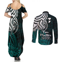 Your Matter Suicide Prevention Couples Matching Summer Maxi Dress and Long Sleeve Button Shirts Turqoise Polynesian Tribal LT9 - Polynesian Pride