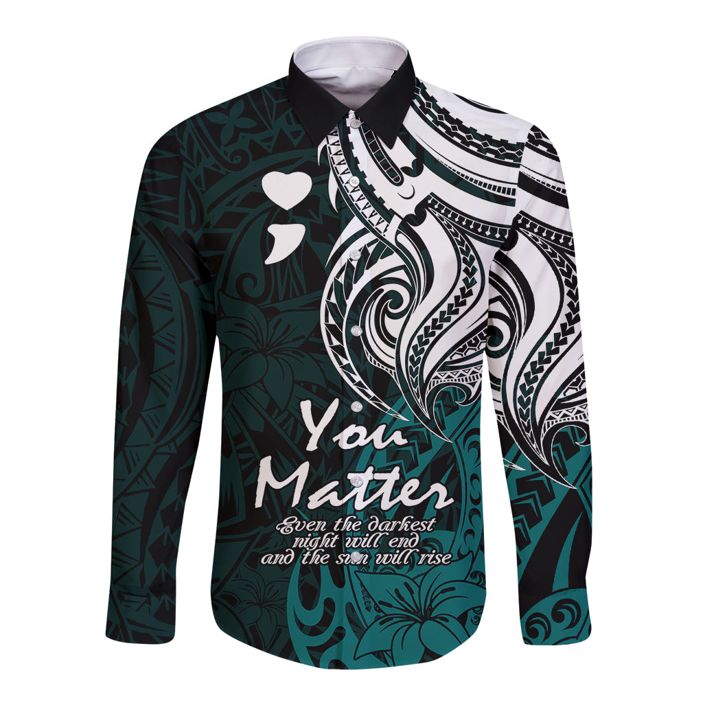 Your Matter Suicide Prevention Long Sleeve Button Shirt Turqoise Polynesian Tribal LT9 Unisex Turquoise - Polynesian Pride