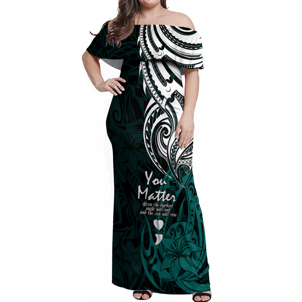 Your Matter Suicide Prevention Off Shoulder Maxi Dress Turqoise Polynesian Tribal LT9 Women Turquoise - Polynesian Pride