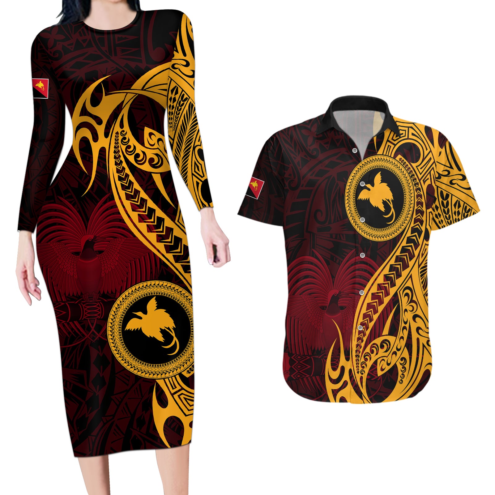 Papua New Guinea Island Couples Matching Long Sleeve Bodycon Dress and Hawaiian Shirt Bird of Paradise with Gold Polynesian Tribal LT9 Gold - Polynesian Pride