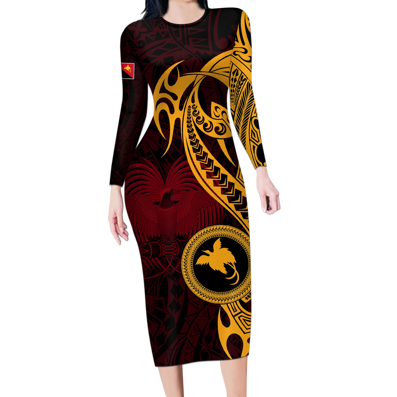 Papua New Guinea Island Long Sleeve Bodycon Dress Bird of Paradise with Gold Polynesian Tribal LT9 Long Dress Gold - Polynesian Pride