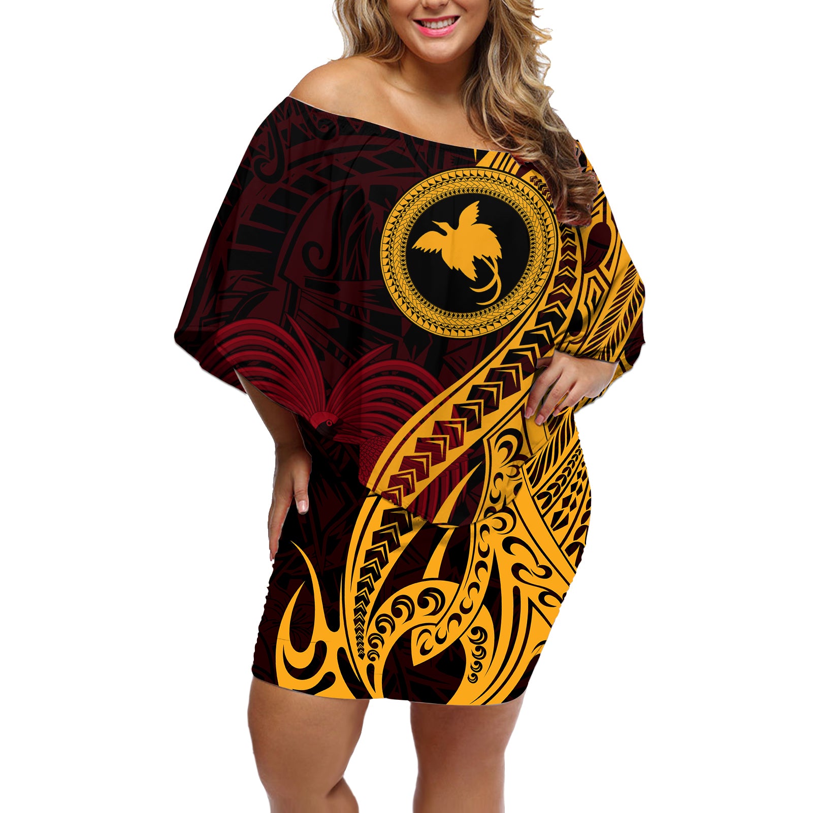 Papua New Guinea Island Off Shoulder Short Dress Bird of Paradise with Gold Polynesian Tribal LT9 Women Gold - Polynesian Pride