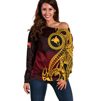 Papua New Guinea Island Off Shoulder Sweater Bird of Paradise with Gold Polynesian Tribal LT9 Women Gold - Polynesian Pride