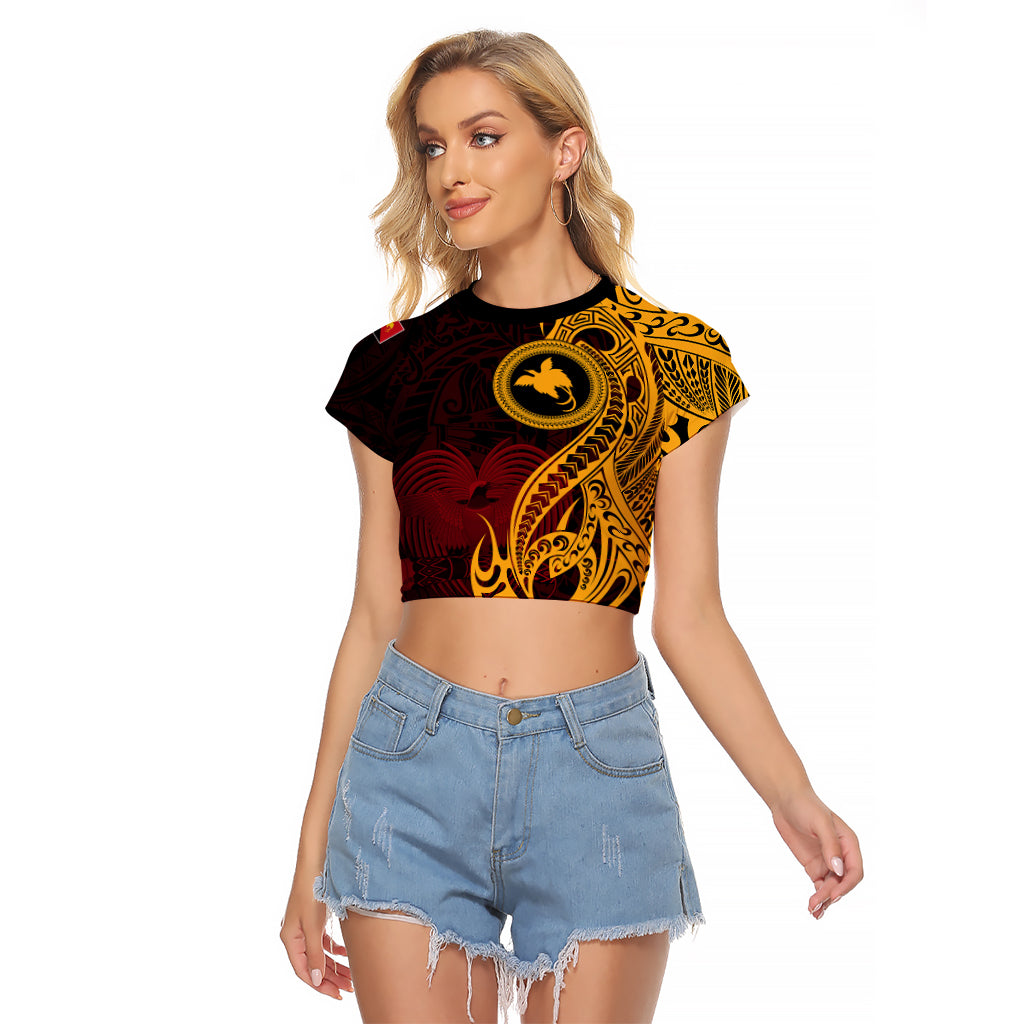 Papua New Guinea Island Raglan Cropped T Shirt Bird of Paradise with Gold Polynesian Tribal LT9 Female Gold - Polynesian Pride