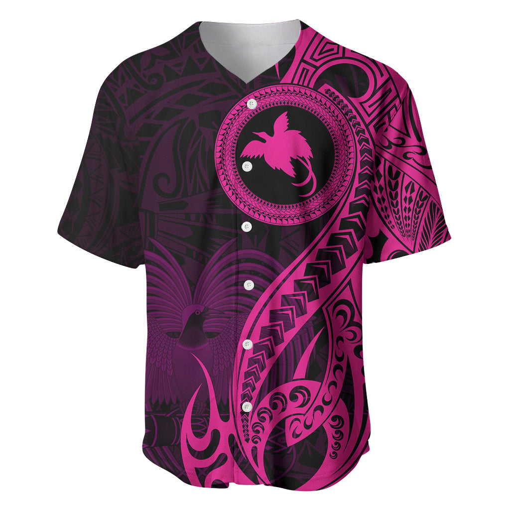 Papua New Guinea Island Baseball Jersey Bird of Paradise with Pink Polynesian Tribal LT9 Pink - Polynesian Pride