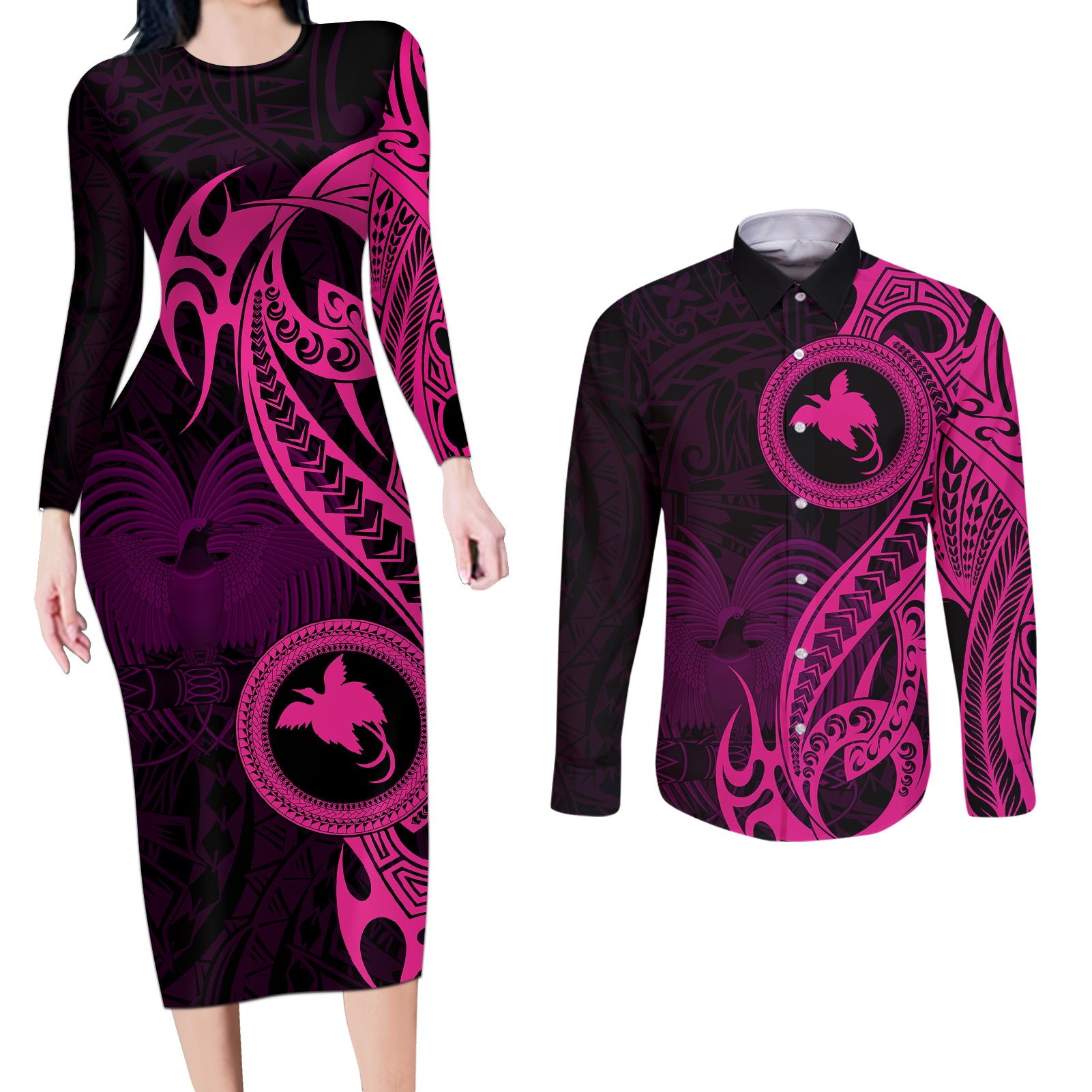 Papua New Guinea Island Couples Matching Long Sleeve Bodycon Dress and Long Sleeve Button Shirts Bird of Paradise with Pink Polynesian Tribal LT9 Pink - Polynesian Pride