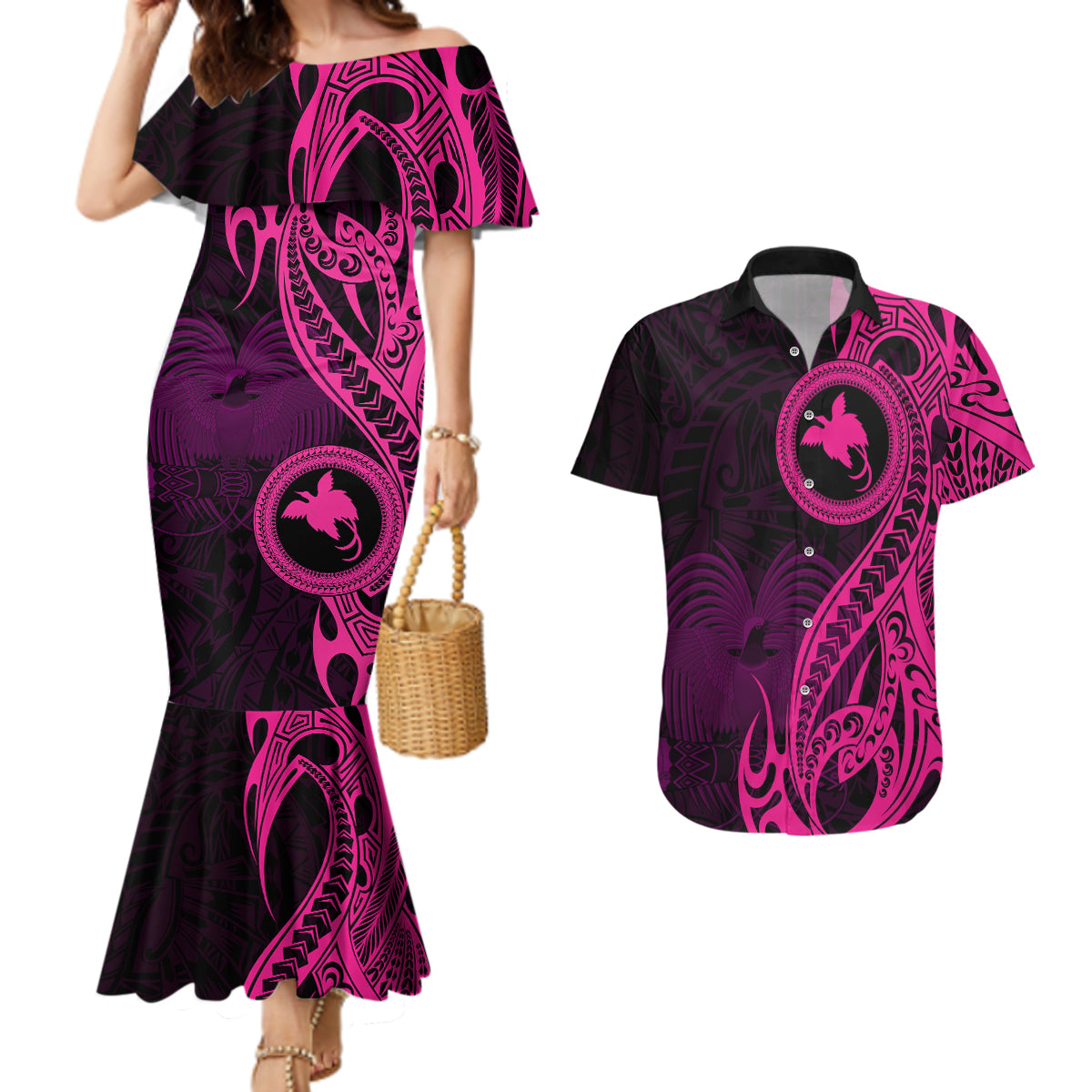 Papua New Guinea Island Couples Matching Mermaid Dress and Hawaiian Shirt Bird of Paradise with Pink Polynesian Tribal LT9 Pink - Polynesian Pride