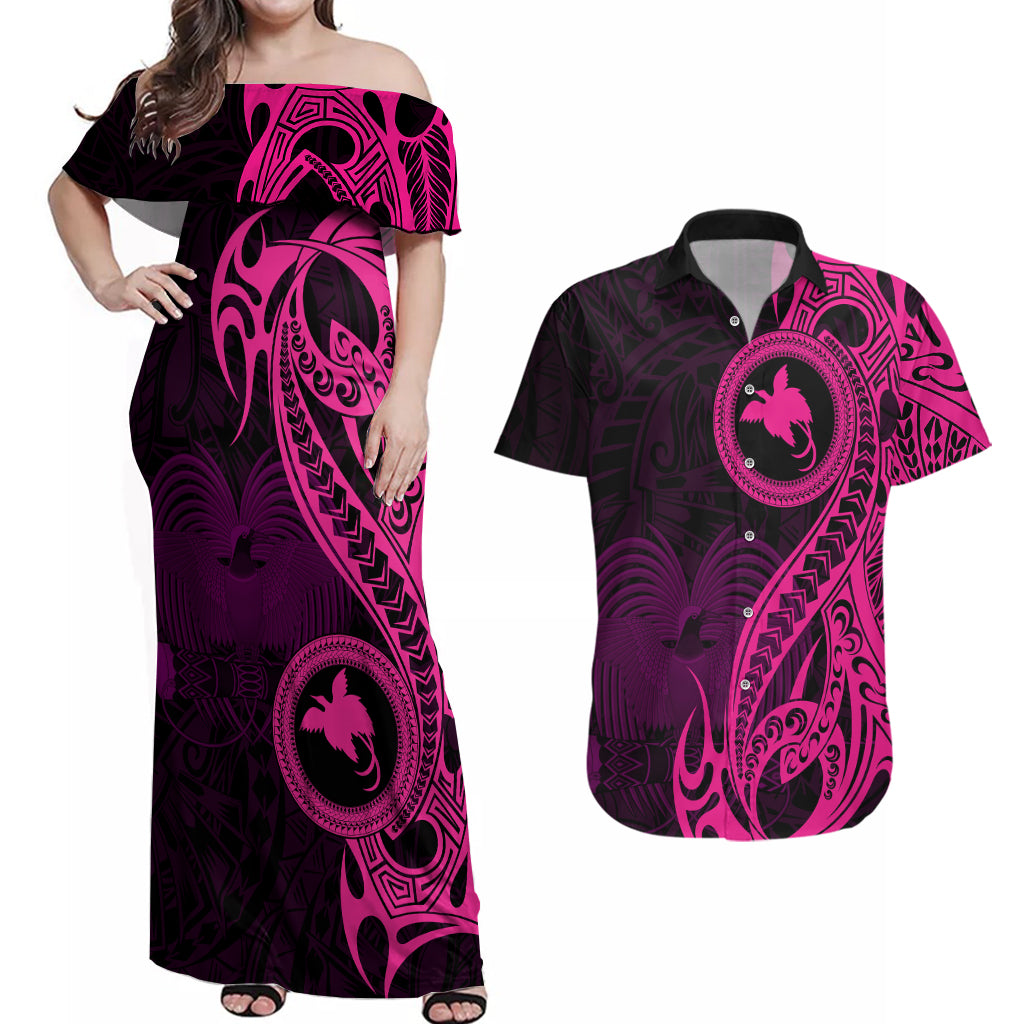 Papua New Guinea Island Couples Matching Off Shoulder Maxi Dress and Hawaiian Shirt Bird of Paradise with Pink Polynesian Tribal LT9 Pink - Polynesian Pride