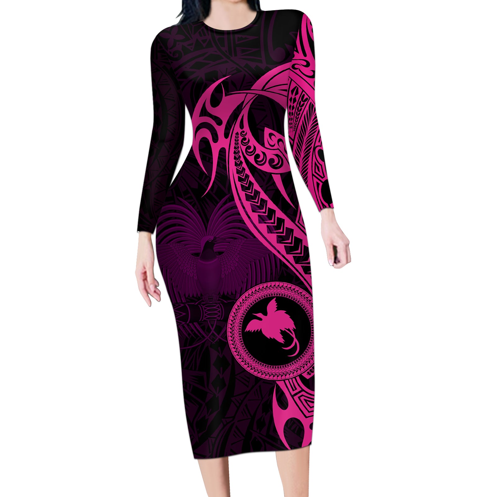 Papua New Guinea Island Long Sleeve Bodycon Dress Bird of Paradise with Pink Polynesian Tribal LT9 Long Dress Pink - Polynesian Pride