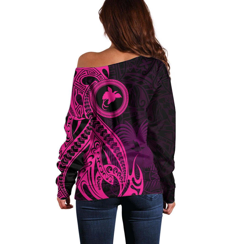 Papua New Guinea Island Off Shoulder Sweater Bird of Paradise with Pink Polynesian Tribal LT9 - Polynesian Pride