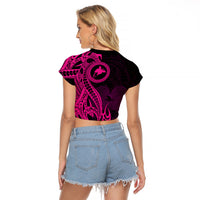 Papua New Guinea Island Raglan Cropped T Shirt Bird of Paradise with Pink Polynesian Tribal LT9 - Polynesian Pride