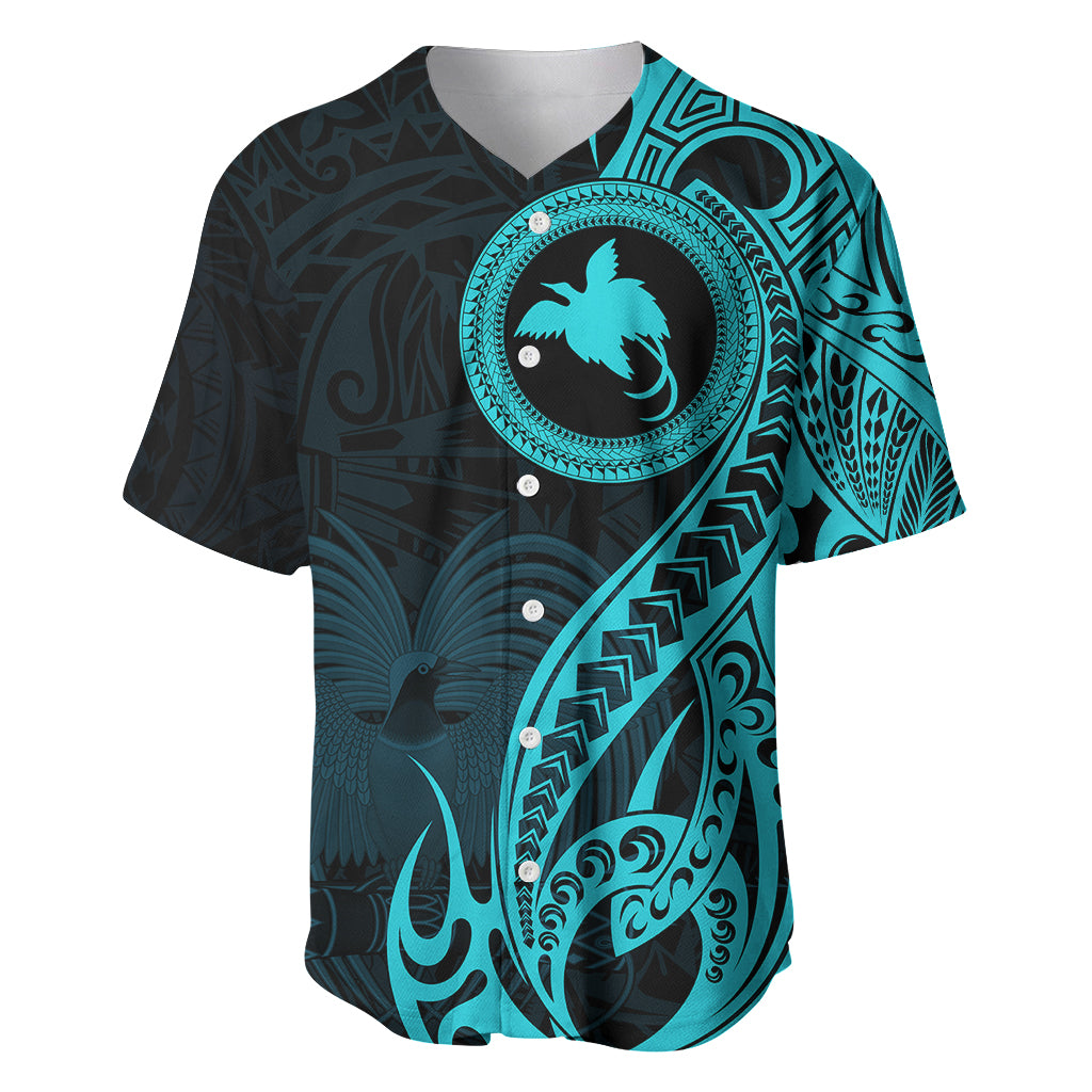 Papua New Guinea Island Baseball Jersey Bird of Paradise with Aqua Polynesian Tribal LT9 Aqua - Polynesian Pride