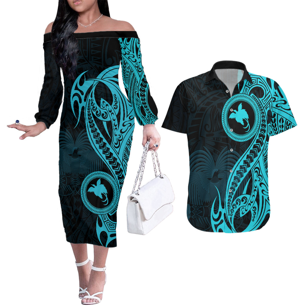 Papua New Guinea Island Couples Matching Off The Shoulder Long Sleeve Dress and Hawaiian Shirt Bird of Paradise with Aqua Polynesian Tribal LT9 Aqua - Polynesian Pride