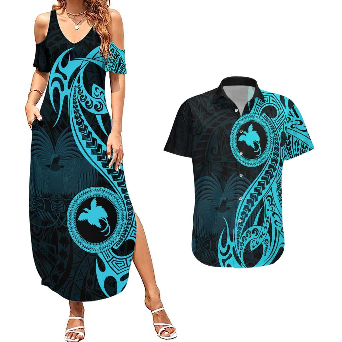 Papua New Guinea Island Couples Matching Summer Maxi Dress and Hawaiian Shirt Bird of Paradise with Aqua Polynesian Tribal LT9 Aqua - Polynesian Pride