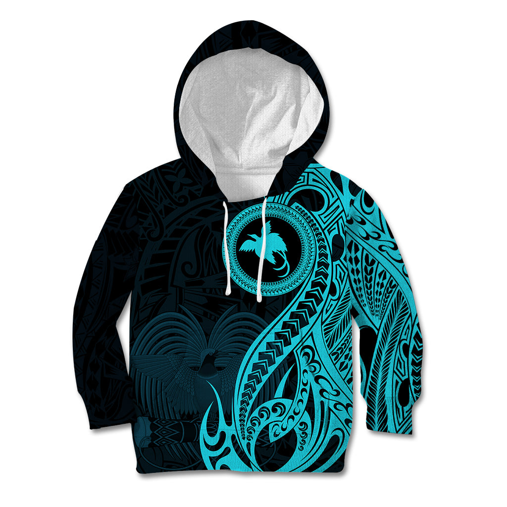 Papua New Guinea Island Kid Hoodie Bird of Paradise with Aqua Polynesian Tribal LT9 Hoodie Aqua - Polynesian Pride