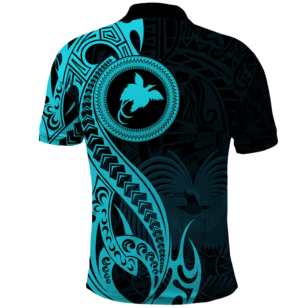 Papua New Guinea Island Polo Shirt Bird of Paradise with Aqua Polynesian Tribal LT9 - Polynesian Pride