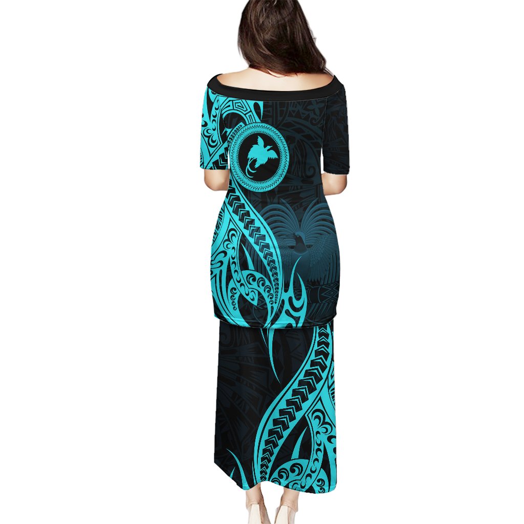 Papua New Guinea Island Puletasi Bird of Paradise with Aqua Polynesian Tribal LT9 - Polynesian Pride