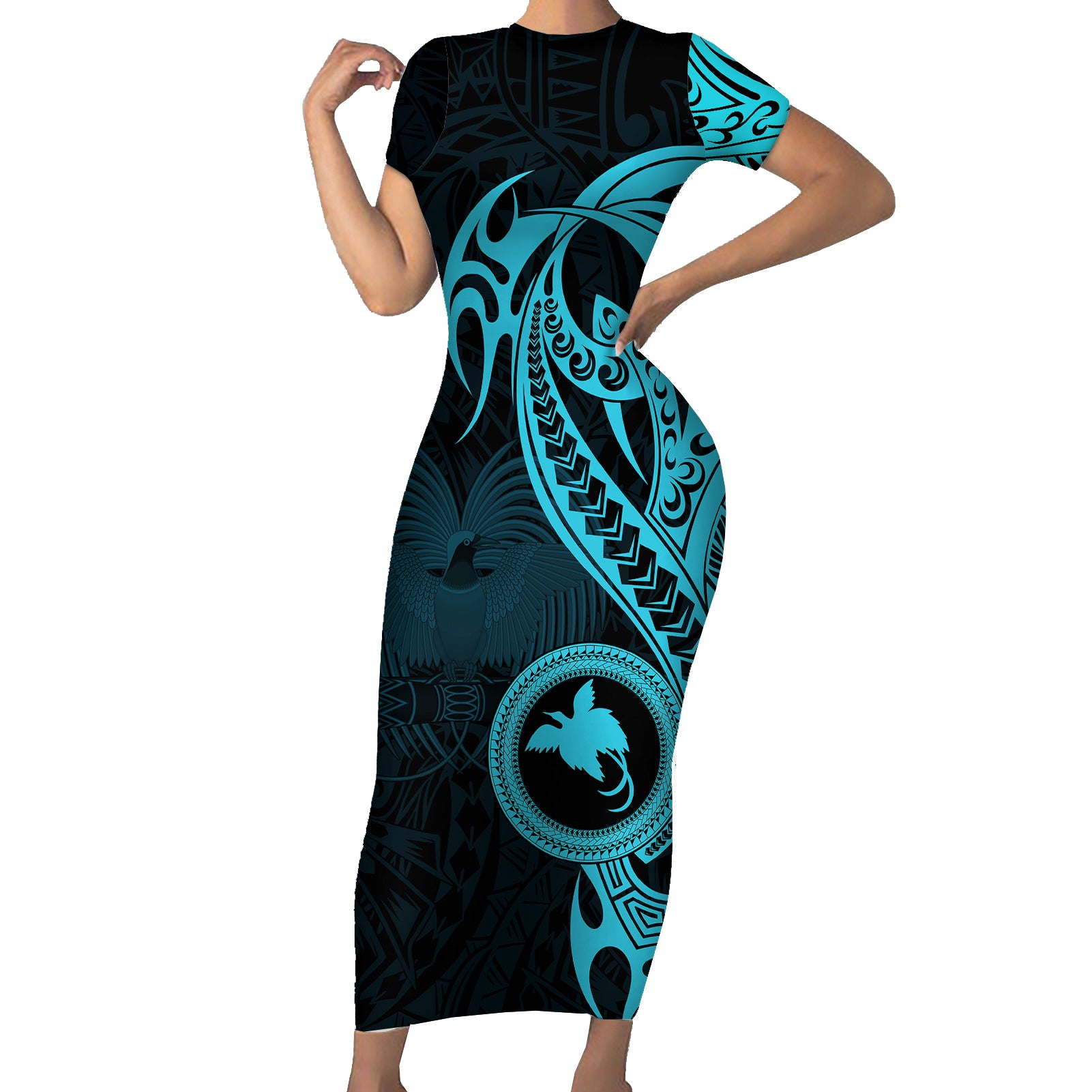 Papua New Guinea Island Short Sleeve Bodycon Dress Bird of Paradise with Aqua Polynesian Tribal LT9 Long Dress Aqua - Polynesian Pride