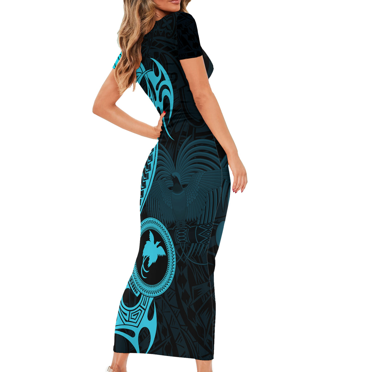 Papua New Guinea Island Short Sleeve Bodycon Dress Bird of Paradise with Aqua Polynesian Tribal LT9 - Polynesian Pride