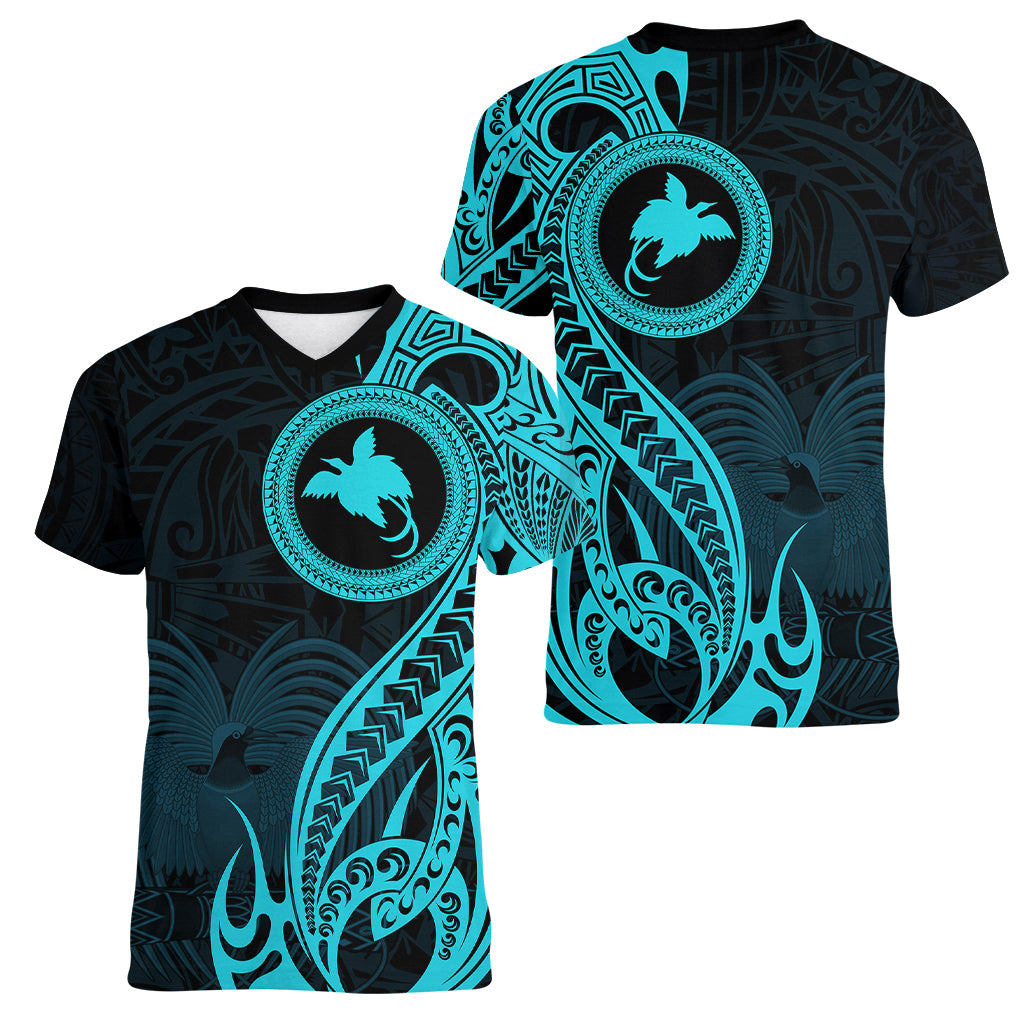 Papua New Guinea Island Women V Neck T Shirt Bird of Paradise with Aqua Polynesian Tribal LT9 - Polynesian Pride