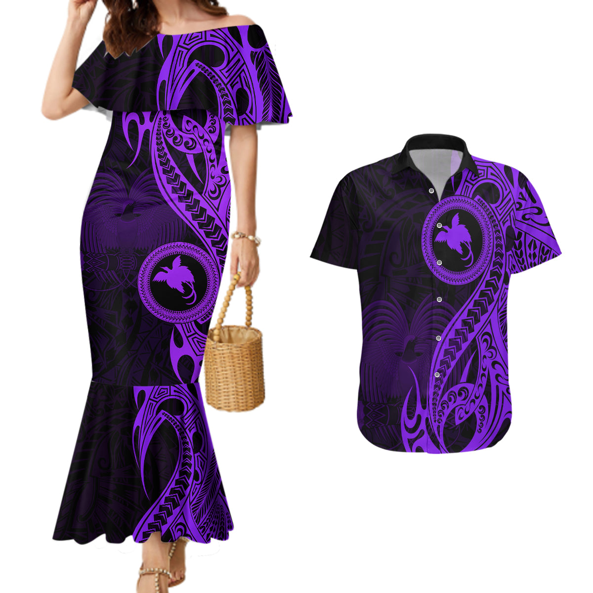 Papua New Guinea Island Couples Matching Mermaid Dress and Hawaiian Shirt Bird of Paradise with Purple Polynesian Tribal LT9 Purple - Polynesian Pride