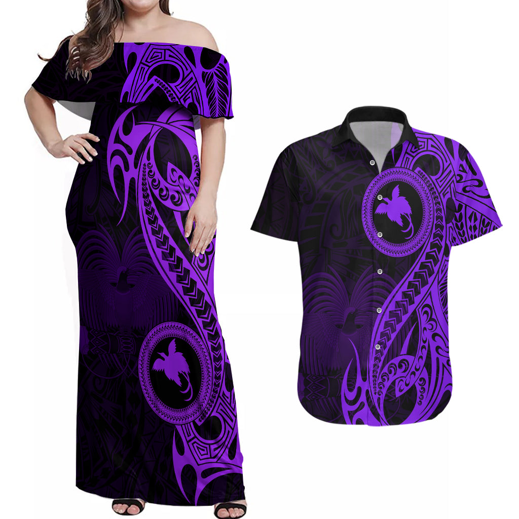 Papua New Guinea Island Couples Matching Off Shoulder Maxi Dress and Hawaiian Shirt Bird of Paradise with Purple Polynesian Tribal LT9 Purple - Polynesian Pride