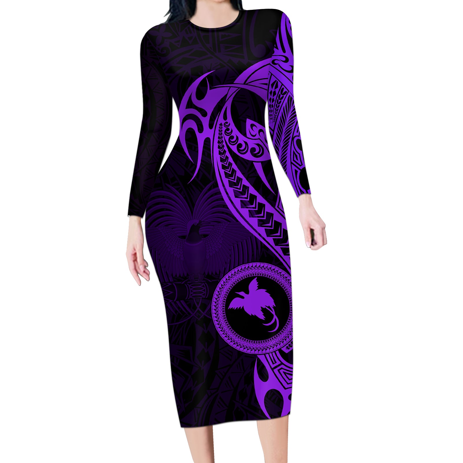 Papua New Guinea Island Long Sleeve Bodycon Dress Bird of Paradise with Purple Polynesian Tribal LT9 Long Dress Purple - Polynesian Pride