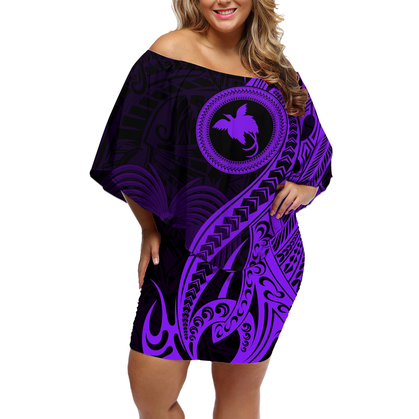 Papua New Guinea Island Off Shoulder Short Dress Bird of Paradise with Purple Polynesian Tribal LT9 Women Purple - Polynesian Pride