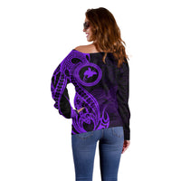 Papua New Guinea Island Off Shoulder Sweater Bird of Paradise with Purple Polynesian Tribal LT9 - Polynesian Pride
