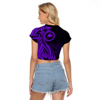 Papua New Guinea Island Raglan Cropped T Shirt Bird of Paradise with Purple Polynesian Tribal LT9 - Polynesian Pride