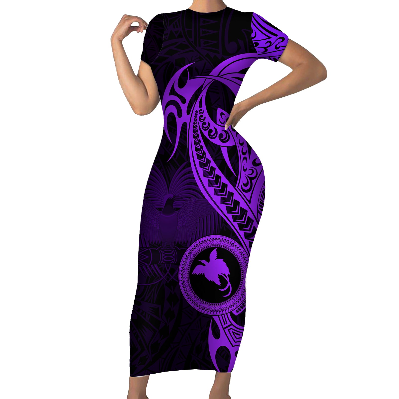 Papua New Guinea Island Short Sleeve Bodycon Dress Bird of Paradise with Purple Polynesian Tribal LT9 Long Dress Purple - Polynesian Pride