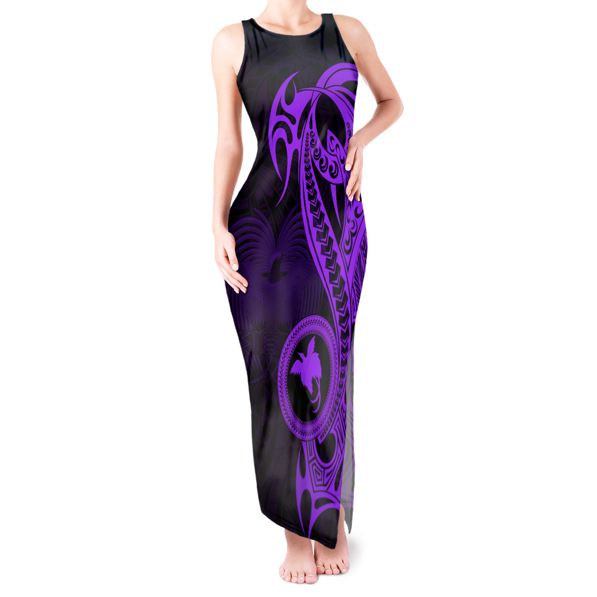 Papua New Guinea Island Tank Maxi Dress Bird of Paradise with Purple Polynesian Tribal LT9 Women Purple - Polynesian Pride