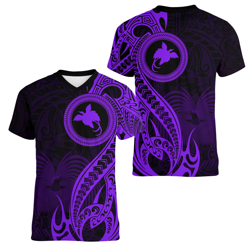 Papua New Guinea Island Women V Neck T Shirt Bird of Paradise with Purple Polynesian Tribal LT9 - Polynesian Pride